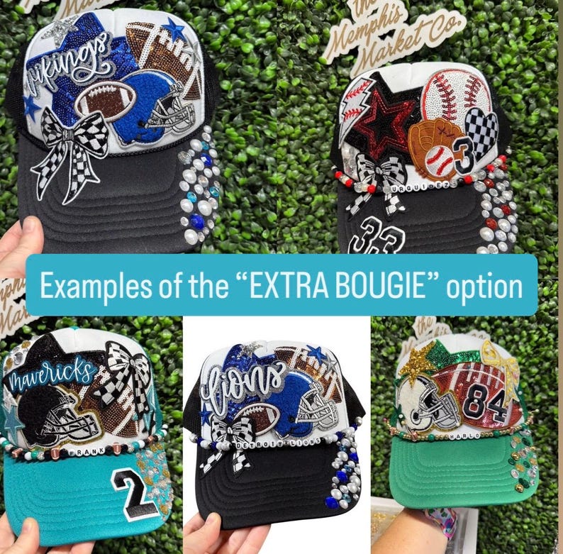 May include: Several black trucker caps with decorative sports-themed designs. Each hat showcases footballs, helmets, and baseballs, with the words "Vikings", "Mavericks", and "Lions". The text "Examples of the "EXTRA BOUGIE" option" is also visible on the image.