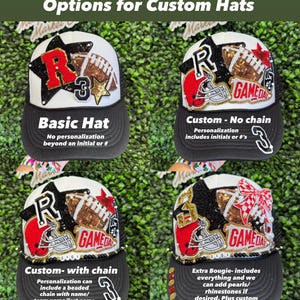 May include: Four custom baseball caps are displayed, each with a black peak and a white crown. The caps feature football-themed embellishments, stars, and the word "GAMEDAY". Text details the personalization choices available for the hats.