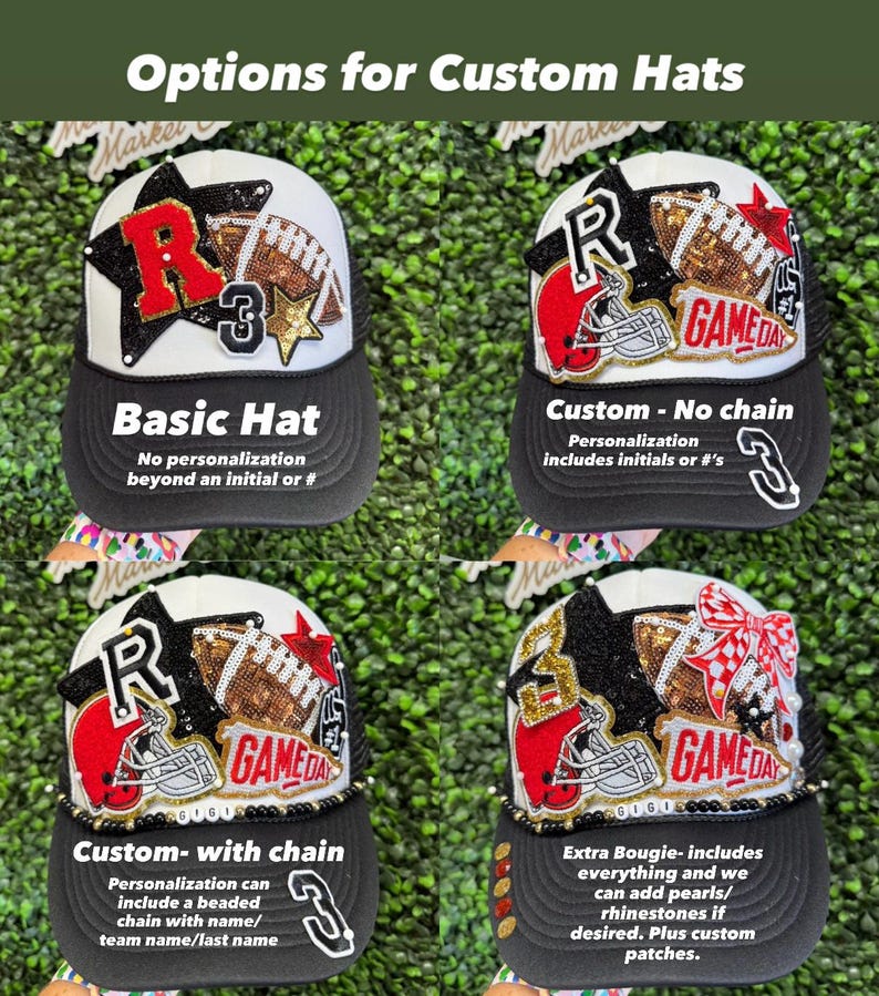 May include: Four custom baseball caps are displayed, each with a black peak and a white crown. The caps feature football-themed embellishments, stars, and the word "GAMEDAY". Text details the personalization choices available for the hats.