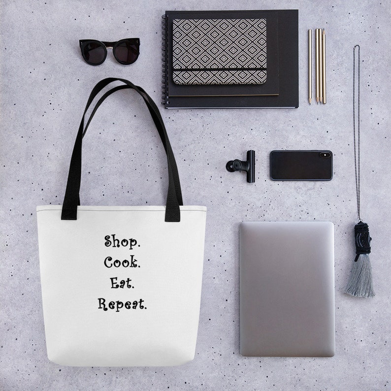 reusable grocery bag Shop market bag canvas tote Eat gift for her Funny tote bag humor Cook Repeat shopping bag