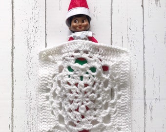 White Snowflake Crochet Elf-Sized Blanket, Sparkly Crochet Doll Blanket