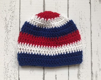 Patriotic Fourth of July Striped Crochet Beanie, Infant and Toddler Sizes