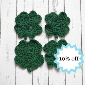 100% Cotton Green Shamrock Crochet Coasters, Set of 4