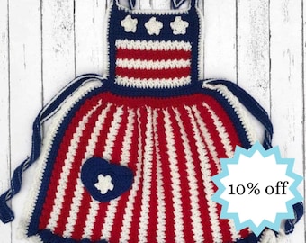 Fourth of July Patriotic Crochet Kids Apron, Crochet Young Child Kitchen Apron