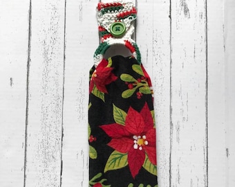 Colgador de paños de cocina navideño de ganchillo con toalla de mano de flor de Pascua