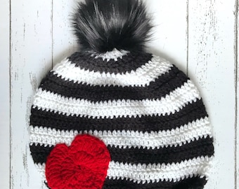 Black and White Striped Women's Crochet Slouchy Hat with PomPom