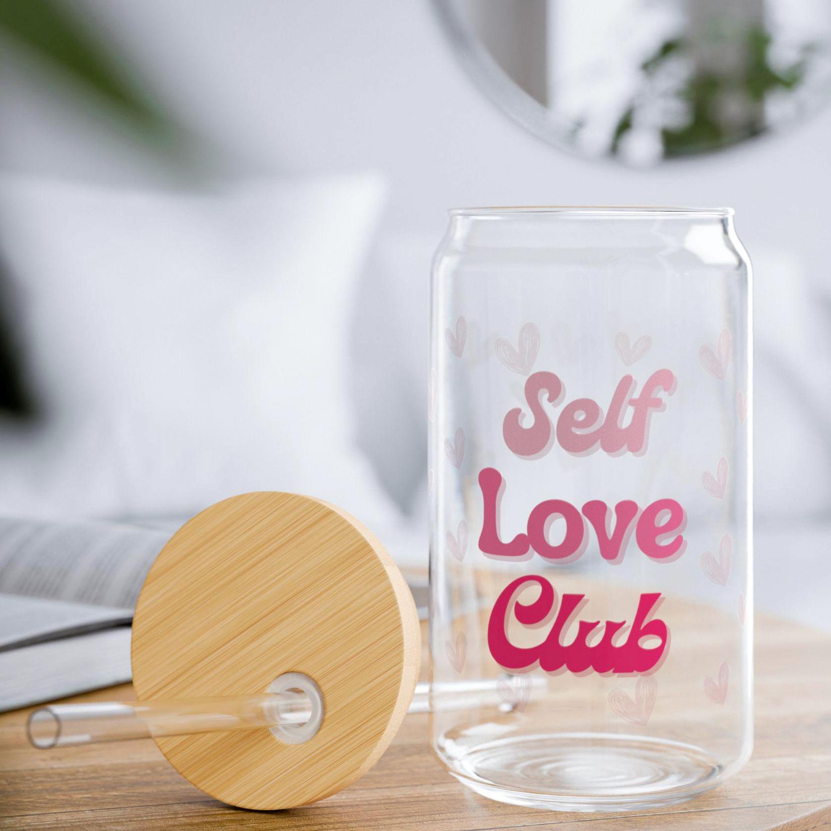 Self Love Club Sipper Glass (16 oz), Iced Coffee Cup, Clear Glass Tumbler with Lid and Straw, Pink Heart Cup, Self Care Gift