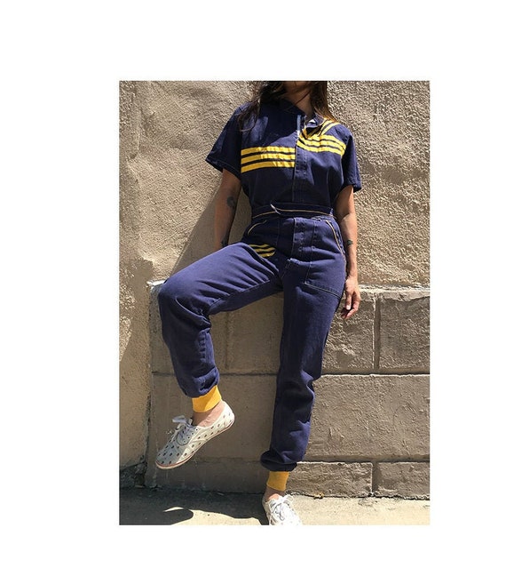 Vintage 80's striped zip up jumpsuit coveralls wor