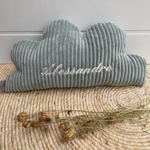 Könnte beinhalten: Ein hellblaues, wolkenförmiges Kissen mit dem Namen "Alessandro", der in Weiß gestickt ist.