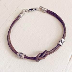 Simple Mens grey brown distressed leather and pewter knot bracelet // rugged surf skater style  // boys youth unisex jewelry // handmade