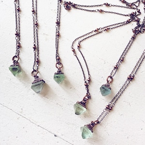 gem // tiny copper electroformed quartz pendant necklace // green fluorite gemstone // one of a kind // boho hippie style // unique shape image 1