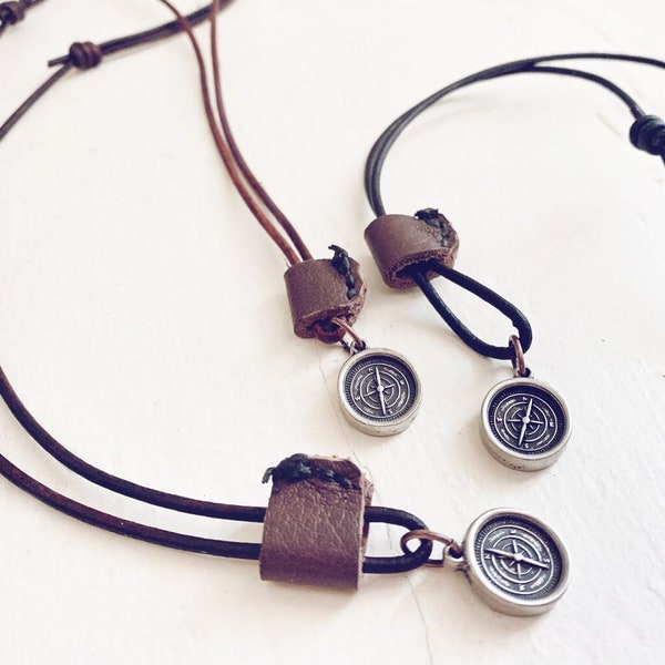 Men's rugged distressed leather necklace with compass // handmade sewn sliding leather patch // boys youth adjustable surf skate necklace