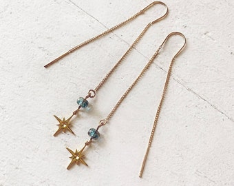 bright twilight star // long brass threader earrings with czech glass bead & brass star // ear threads // celestial boho jewelry