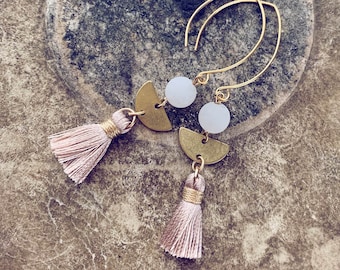 Cosmos // frosted white jade,1/2 moon & tassel boho brass earrings // moon and gemstone bohemian dangle // hippie free spirit festival style