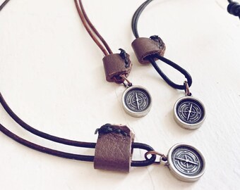 Men's rugged distressed leather necklace with compass // handmade sewn sliding leather patch // boys youth adjustable surf skate necklace