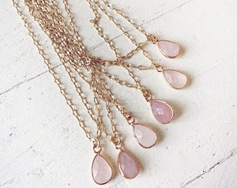 unity // little gemstone teardrop pendant necklace // dainty boho matte gold plated chain // pretty pink rose quartz crystal tear drop gem