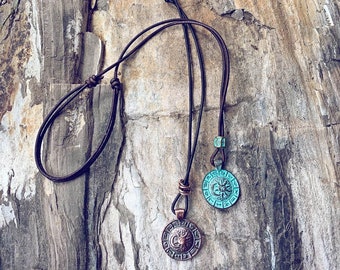 Men's Zodiac sun & moon medallion leather necklace // choice of aged copper or patina rugged jewelry // boys youth unisex adjustable style