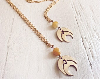 apollo and artemis // double horn crescent moon necklace // topaz jade or moonstone gemstone // gold or silver boho jewelry // celestial