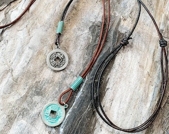 Men's distressed brown leather and rustic coin necklace // rugged adjustable sliding knot // patina green // boys youth surf skate // unisex