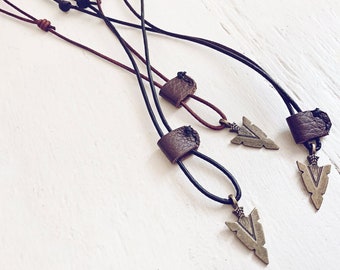 Men's rugged distressed leather necklace with arrowhead // handmade sewn sliding leather patch // boys youth adjustable surf skate necklace