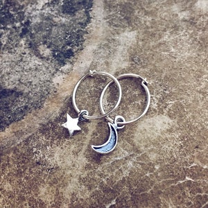 teeny tiny sterling silver hoop earrings // crescent moon & star sleepers // boho huggies // celestial // simple design // everyday jewelry image 2