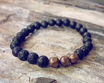 men's beaded gemstone bracelet // wrist mala - black lava or brownline agate & natural brass // rugged surf skater style // unisex boho