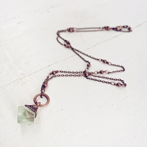 gem // tiny copper electroformed quartz pendant necklace // green fluorite gemstone // one of a kind // boho hippie style // unique shape image 4