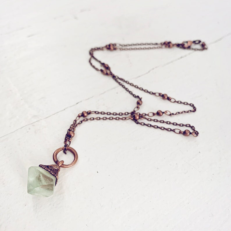 gem // tiny copper electroformed quartz pendant necklace // green fluorite gemstone // one of a kind // boho hippie style // unique shape image 4