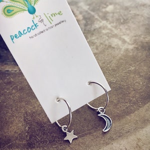 teeny tiny sterling silver hoop earrings // crescent moon & star sleepers // boho huggies // celestial // simple design // everyday jewelry image 5