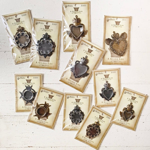 Spellbinders - A Gilded Life // NEW bezels charms pendants for mixed media jewelry projects // destash craft supplies // crown heart cross