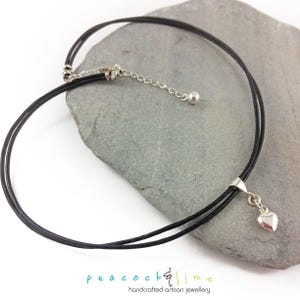 Sterling silver puffy heart charm leather choker necklace // boho wrap bracelet // sweetheart gift // simple design // handmade jewelry
