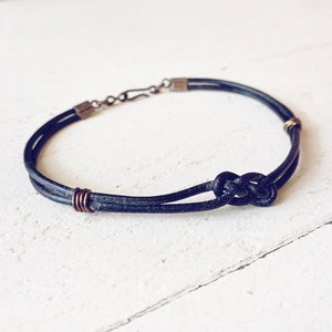 Simple Men&#39;s black leather knot friendship bracelet // rugged surf skater style leather with brass // unisex bracelet or anklet //handmade