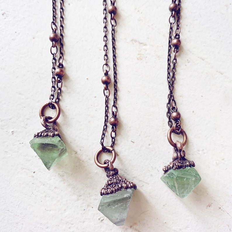 gem // tiny copper electroformed quartz pendant necklace // green fluorite gemstone // one of a kind // boho hippie style // unique shape image 3