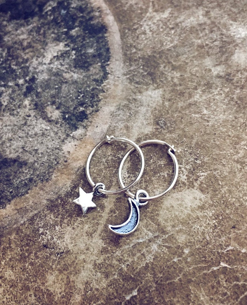 teeny tiny sterling silver hoop earrings // crescent moon & star sleepers // boho huggies // celestial // simple design // everyday jewelry image 2
