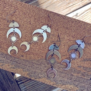eclipse & solar eclipse boho brass earrings // sun and moon bohemian dangle // shiny or antiqued celestial hippie free spirit festival style