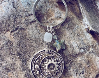 it's just a phase // sun and moon medallion with moonstone gemstone and czech glass star keychain // boho style key ring // celestial design