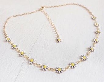 daisy chain choker / white & yellow enamel flower necklace / wrap bracelet / floral boho hippie style jewelry / free spirited flower child