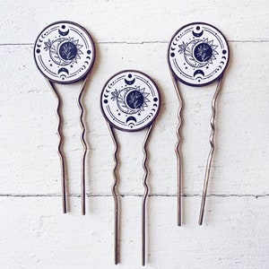 bohemian moon // antique brass hair fork stick pin with moon sun and flower motif // boho style hair accessory // messy bun