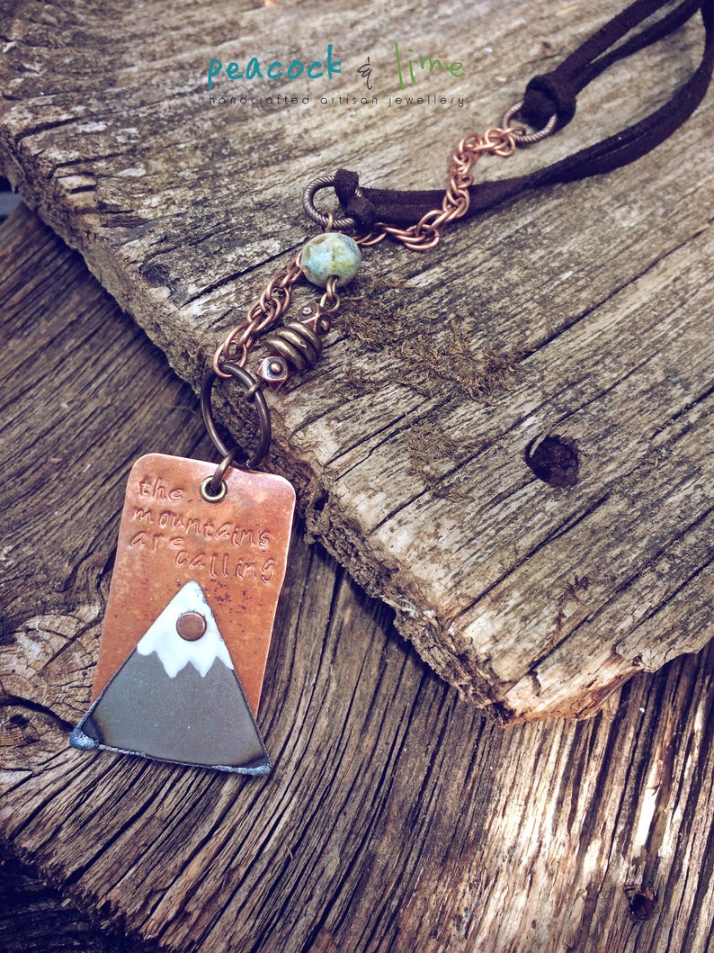 the Mountains are Calling handstamped necklace //rustic mixed metal/original handmade mountain peak jewelry/adjustable length vegan friendly image 3