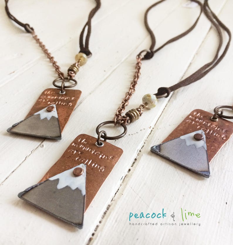 the Mountains are Calling handstamped necklace //rustic mixed metal/original handmade mountain peak jewelry/adjustable length vegan friendly image 5