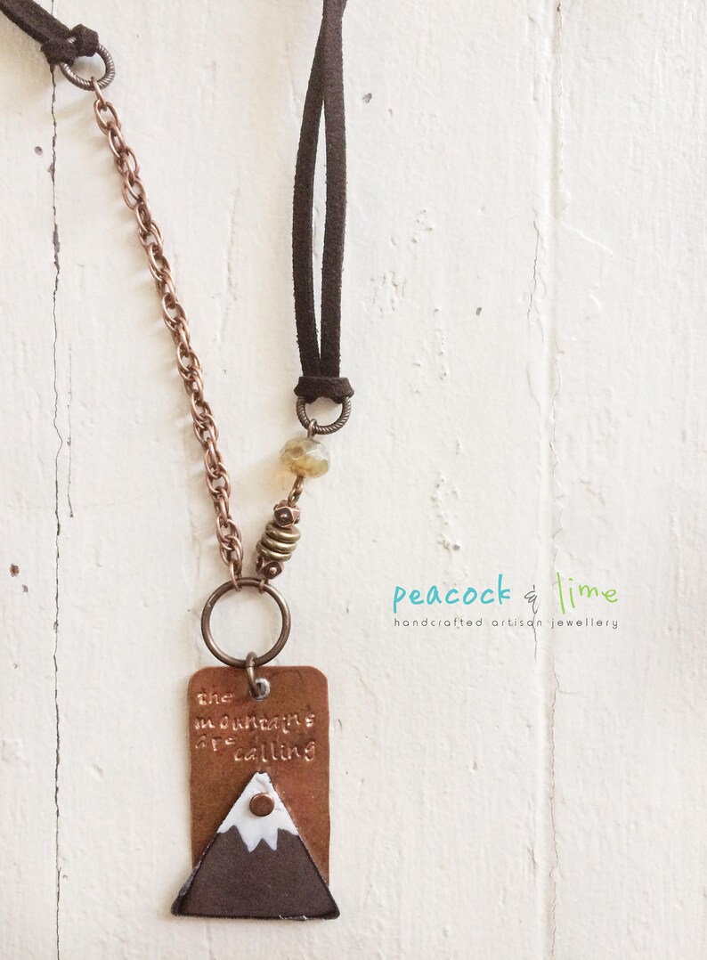 the Mountains are Calling handstamped necklace //rustic mixed metal/original handmade mountain peak jewelry/adjustable length vegan friendly image 2