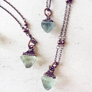 gem // tiny copper electroformed quartz pendant necklace // green fluorite gemstone // one of a kind // boho hippie style // unique shape image 6