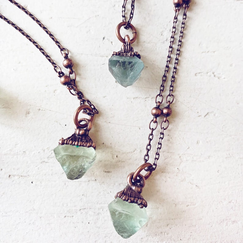 gem // tiny copper electroformed quartz pendant necklace // green fluorite gemstone // one of a kind // boho hippie style // unique shape image 6