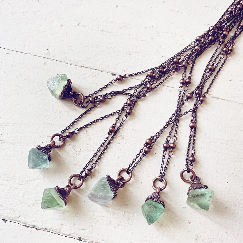 gem // tiny copper electroformed quartz pendant necklace // green fluorite gemstone // one of a kind // boho hippie style // unique shape image 5