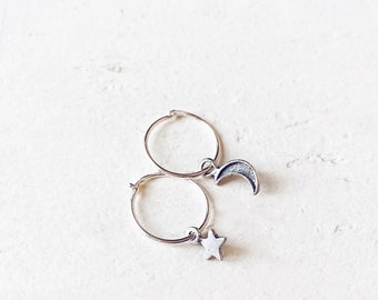 teeny tiny sterling silver hoop earrings // crescent moon & star sleepers // boho huggies // celestial // simple design // everyday jewelry