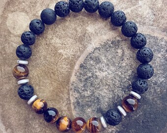 strength // men's tiger's eye, hematite and lava bead gemstone mala bracelet // beaded boho style stretch bracelet // unisex wrist mala