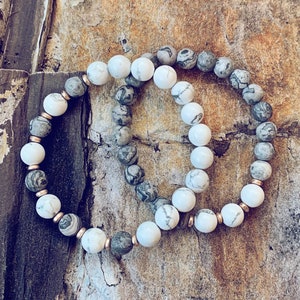 patience // howlite, hematite and picasso jasper mala bead bracelet // beaded boho style stretch wrist mala bracelet // gemstone beads