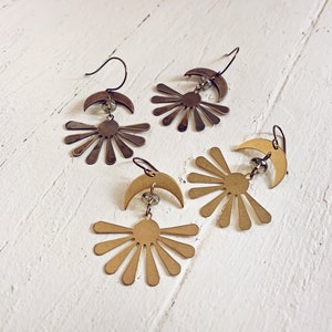 solstice boho brass earrings // moon and sun bohemian dangle earrings // shiny or antiqued celestial hippie free spirit festival style //
