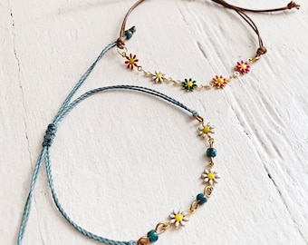 flower child / enamel daisy floral chain and adjustable waxed cord bracelet / colorful boho hippie style jewelry / free spirited flowerchild