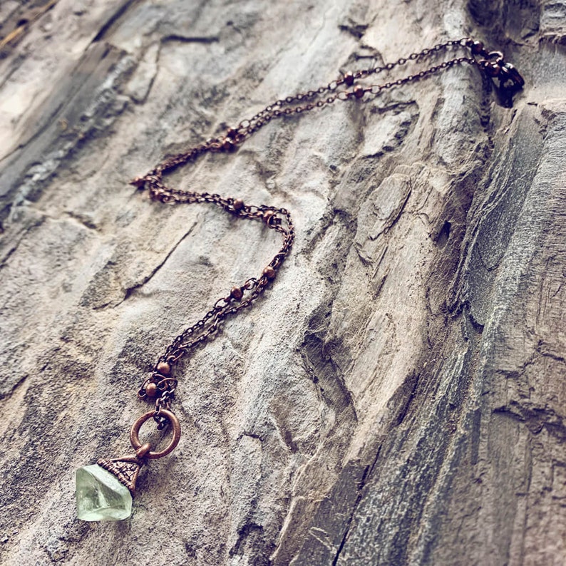 gem // tiny copper electroformed quartz pendant necklace // green fluorite gemstone // one of a kind // boho hippie style // unique shape image 2